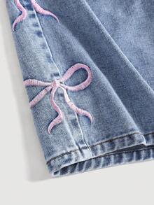 SHEIN 少女时尚休闲 Y2K 复古酷炫街头清新可爱粉色爱心刺绣图案宽松阔腿牛仔短裤，斜插口袋设计，夏季休闲短裤，酷炫街头风，适合演唱会、锐舞派对、毕业典礼等日常穿着，也适合春夏锐舞派对和街头穿着。 - 藍色 - 查看 5