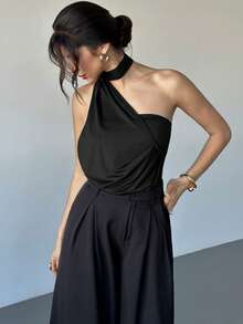 Firerie بودي سويت نسائي بياقة مكشكشة غير متماثلة ظهر مكشوف بلون بني موكا، بودي سويت عصري مناسب للربيع والصيف والخريف والشتاء، مناسب للذهاب إلى العمل، أنيق، جذاب، للعطلات، الشاطئ، البوهيمي، هاواي، مهرجانات الموسيقى، الحفلات - الأسود - مشاهدة 3