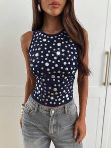 Aloruh Áo crop top hở vai cổ tròn đính đinh tán thời trang Y2K dành cho nữ - Màu xanh hải quân - Xem 3