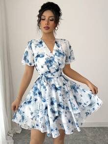 Olithes Đầm nữ in hoa cổ chữ V tay bồng kiểu dáng thường ngày - Màu xanh lam - Xem 6