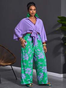 SHEIN CURVE+ Curve 尺码 US22 音乐节、海滨度假、波西米亚风 2025 百搭白色休闲套装，性感/简约露脐系带上衣和直筒裤套装，女士沙滩装/沙滩裙/沙滩度假装/沙滩必备/毕业典礼/下午茶会礼服，两件套夏季套装，夏季/乡村/沙滩度假装/沙滩装/沙滩服饰 - 紫色 - 查看 3