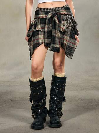 Grunge Punk Gonna asimmetrica a quadri vintage per donna