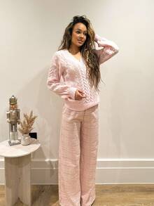RebeccaVibe New Loose Soft Sweet Pink Slouchy Design V-Neck Thick Cable Knit Pullover Sweater For Women, Versatile For Autumn/Winter Fall Cloth For Women - Pink - View 5