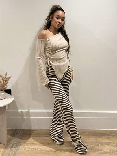 RebeccaVibe Women's Folded Waist Sports Casual Pants Striped Flared Pants Brown Striped Pants Knit Pants Pattern Pants Wide Leg Pants Ribbed Pants Striped Palazzo Pants Wide Leg Striped Pants Palazzo Pants Women,Fall