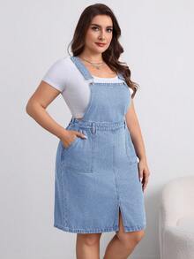 EMERY ROSE Đầm yếm denim dáng rộng, cỡ lớn, có dây đeo vai điều chỉnh được, màu xanh dương. - Rửa nhẹ - Xem 4