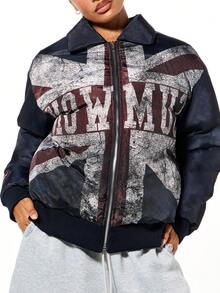 SUMWON WOMEN Oversized Union Jack Puffer Jacket With Flag Print For Winter Warmth And Statement Style - Black - View 4