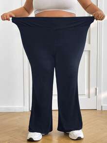 SHEIN CURVE+ 女士高腰喇叭弹力休闲裤，秋季/春季/夏季清凉裤，喇叭裤 - 寶藍色 - 查看 7