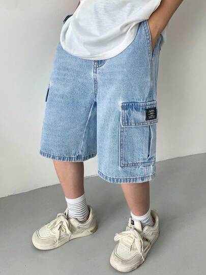 SHEIN Tween Boy Fashion Casual Y2k Vintage Cool The Workwear Pocket Design Features Blue Loose And Comfortable Workwear Denim Shorts For Kids Clothes Boys Soft Dailywear And Kids Summer And Spring Rave Outfits Festival And Beach Outfits Clothes
