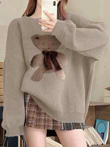 DAZY Women Cartoon Teddy Bear Print Crew Neck Sweater, Casual Everyday Wear,Long Sleeve Tops,Fall Women Clothes