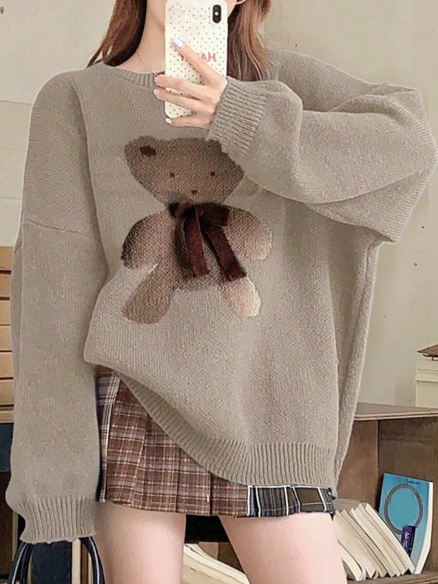 DAZY Women Cartoon Teddy Bear Print Crew Neck Sweater, Casual Everyday Wear,Long Sleeve Tops,Fall Women Clothes