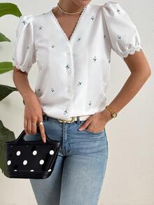SHEIN LUNE Women's White Floral Lace Patchwork V-Neck Puff Sleeve Blouse, Spring/Summer - White - View 3