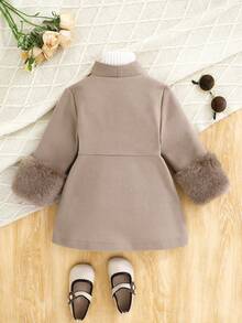 SHEIN Autumn/Winter Wool Blend Coat With Faux Fur Cuff Design, Fashionable, Sweet And Elegant Baby GirlOuterwear, Suitable For Outings, Parties And Celebrations - Khaki - View 2