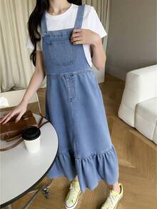 SHEIN 少女时尚休闲 Y2K 复古酷炫街头吊带舒适无弹蓝色可调节宽松牛仔连衣裙，适合少女日常穿着、春夏派对、节日和街头服饰。 - 藍色 - 查看 3