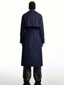 LYSMO 女式休闲纯色双排扣风衣，秋季 - 藏蓝色 - 查看 2