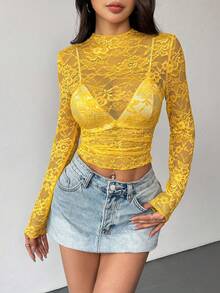 EgrlEra 女士蕾丝弹力牡丹花卉薄纱性感上衣（随机裁剪） - 黃色 - 查看 7