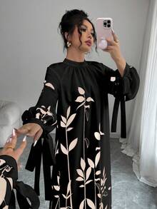 Elenzga Đầm dài tay nữ có thắt cổ và họa tiết hoa. - màu đen - Xem 6