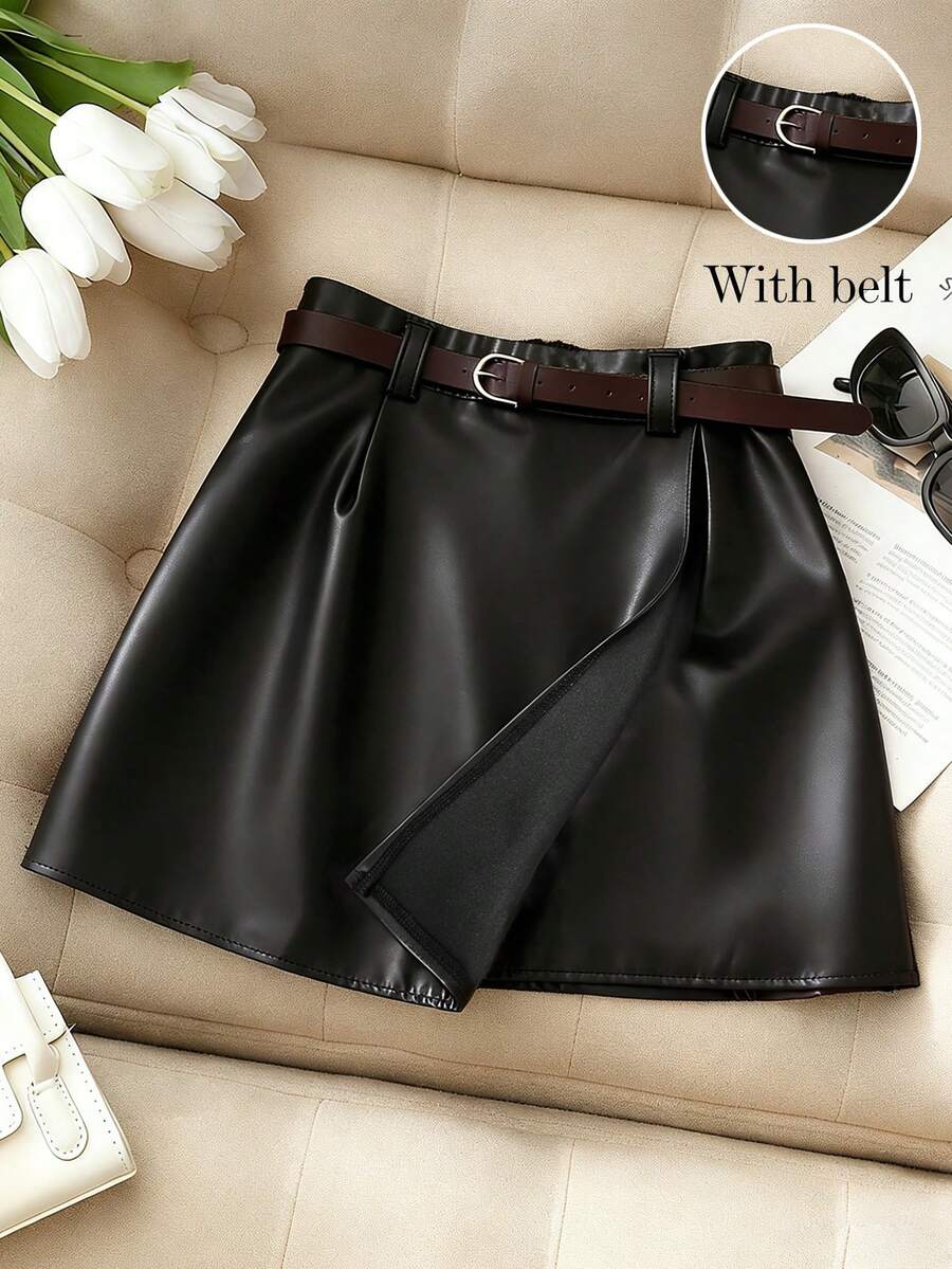 Franclia 返校休闲百搭 PU 不对称下摆系带黑色迷你裙，春秋女装 - 黑色 - 查看 1