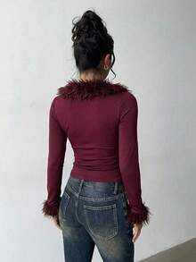 Aloruh Burgundy Christmas New Year Valentine's Day Sweater With Fur Collar Splice Long Sleeve T-Shirt - Burgundy - View 2