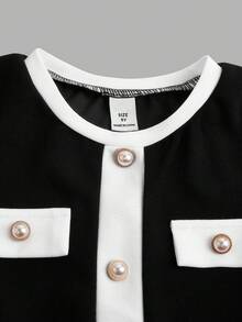 SHEIN Tween Girls Elegant Black And White Contrast Stitching Button Round Neck Short Sleeve A-Line Dress For Summer School Back-To-School College Style - Black and White - View 8