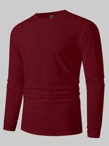 Manfinity Homme Men's Casual Solid Color Round Neck Long Sleeve T-Shirt, Autumn - Burgundy - View 3