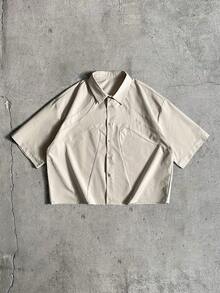 AXEPEAK Men's Solid Color Front Button Loose Casual Short Sleeve Shirt - Apricot - View 8