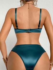 2pcs Women Solid Color Minimalist Casual Bra Set With Underwire - Teal Blue - View 2