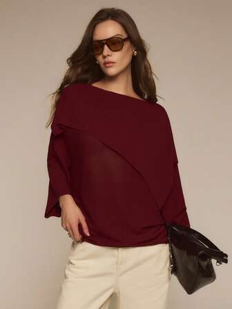 ATUI Studio Women's Fashion Casual Solid Color Asymmetrical Design Knit Sweater