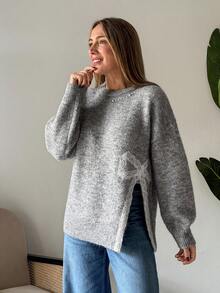 Vivie Lora Áo len nữ đính ngọc trai, ren, phối họa tiết nơ. - Xám - Xem 3