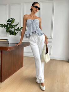 Serisse Áo hai dây nữ kẻ sọc, buộc dây phía trước, viền bèo nhún, thời trang cho mùa hè. - Màu xanh hải quân - Xem 4