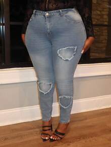 Hourglow Ceceforeign_ Plus Size Women Jeans Skinny Elastic Love Embroidery Trousers Blue Women Jeans Women Mom Jeans Denim Jeans Jeans Pants Jeggings Stretchy Jeans, Fall Women Clothes, For Hourglass Body Shape - Medium Wash - View 7