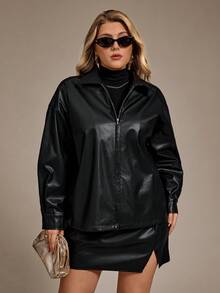 Auralis Plus Size Black,Autumn,Smart Casual,Night Out Club PU 2 Pieces Set,Personalized Zippered Long-Sleeved Jacket Coat & Side Slit A-Line Skirt,Y2K Outfit - Black - View 1