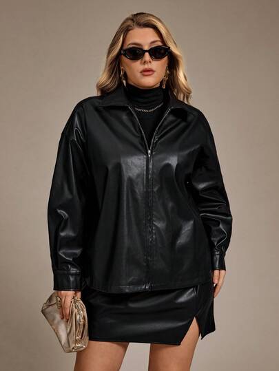 Auralis Plus Size Autumn/Winter Casual Motorcycle Nightclub Cool Personalized PU Jacket Coat PU Skirt With Side Slit Satin Design, 2 Pieces Set, Basic For Daily High Street Outings/Cool And Stylish Outfit/PU Two-Piece Set/Zippered Long-Sleeved Autumn/Winter/Spring Jacket/Slim A-Line Hip-Hugging Elastic Waistband Skirt/Y2K Plus Size Outfit