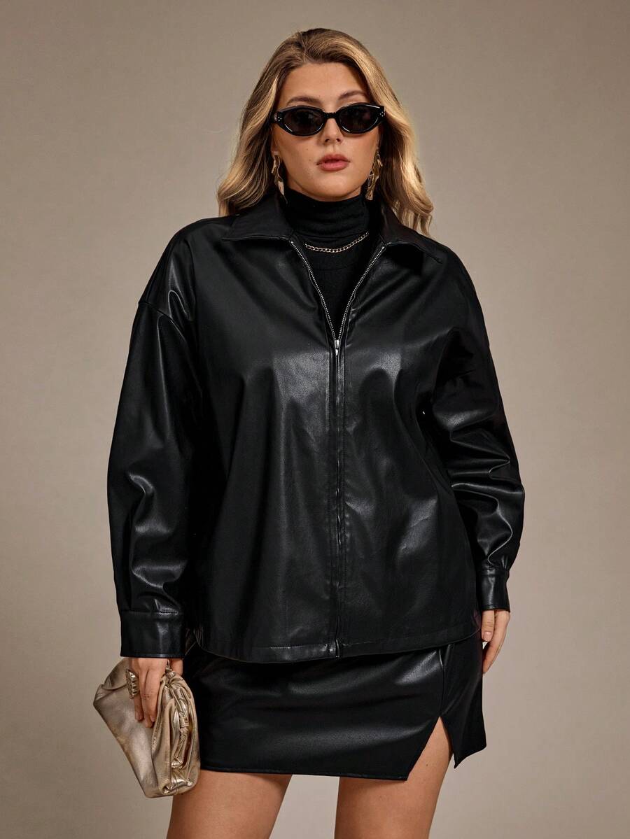 Auralis Plus Size Black,Autumn,Smart Casual,Night Out Club PU 2 Pieces Set,Personalized Zippered Long-Sleeved Jacket Coat & Side Slit A-Line Skirt,Y2K Outfit - Black - View 1