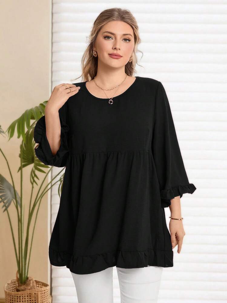 Camisa holgada de talla grande con volantes en el dobladillo, adecuada para salidas casuales