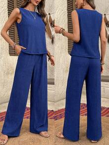 EMERY ROSE Women's Solid Color Crew Neck Sleeveless Top And Pocket Pants Casual 2-Piece Set Vacation Outfits Women Casual Women's Dresses  Casual Women's Dresses - Green - View 3