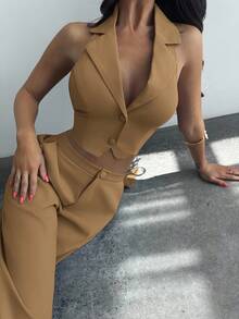 Firerie Women's Elegant Romantic Fashion Commuter Sexy Graceful Style Halter Backless Gray Blue 2-Piece Set, Suitable For Party, Beach Vacation, Back To School, Romantic Date, Wedding Season, Birthday, Easter, Spring/Summer Outfit - Khaki - View 2