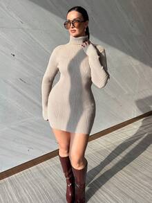 MDEdit High Neck Long Sleeve Fitted Rib Knit Mini Sweater Dress Classy Sexy Streetwear Fall Autumn Night Out Winter Christmas Party Evening Party Elegant - Light Grey - View 3