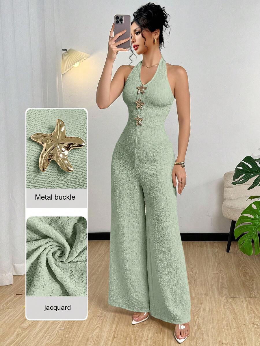 Modelyn Metal Buckle Sleeveless Spaghetti Strap Crop Top & Wide Leg Jumpsuit For Women - Mint Green - View 1