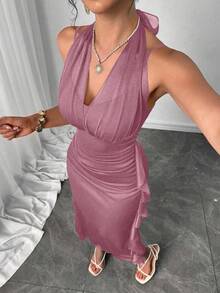 Modelyn Vestido de tirantes finos con fruncido en la cintura, abertura lateral y volante en el bajo, de color liso - Rosa vieja - Ver 3