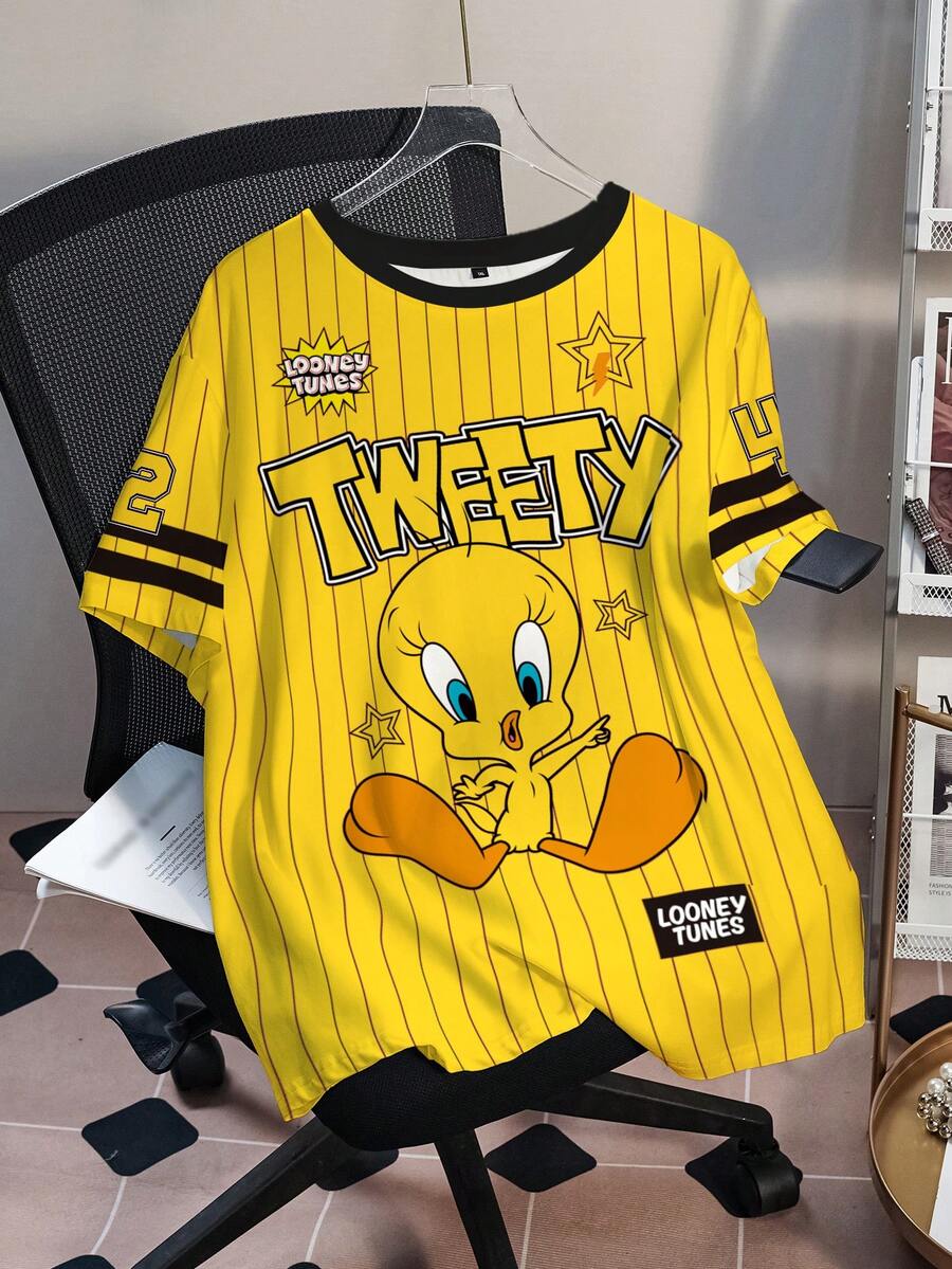 LOONEY TUNES X SHEIN 大码夏季休闲条纹卡通图案圆领短袖T恤 - 白色 - 查看 1