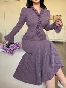 DAZY 2件套女士法式长袖蕾丝鱼尾修身连衣裙，时尚优雅 - 紫色 - 查看 1