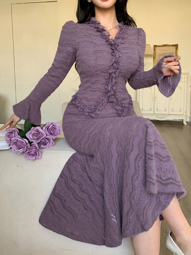 2pcs/Set Women's French Style Long Sleeve Lace Mermaid Hem Bodycon Dress, Fashionable And Elegant