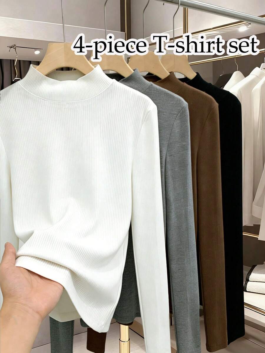 SHEIN Franclia Camiseta De Manga Larga De Canalé De 4 Piezas Para Mujer - Multicolor - Ver 1