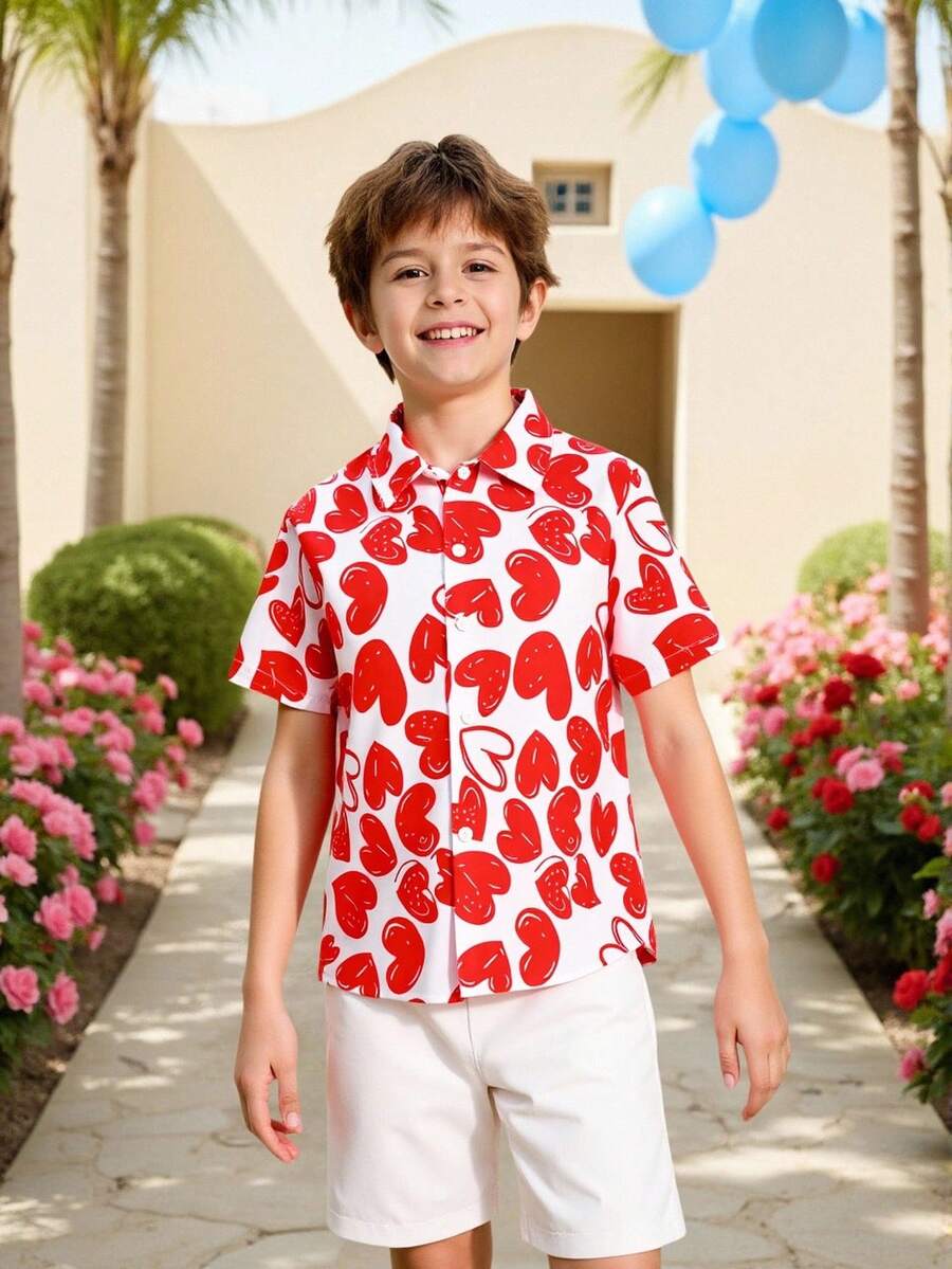 2pcs Set Lapel Tween Boys Red Heart Print Fabric Short Sleeve Regular Length Co-Ords For Vacation And Casual Wear - Red - View 1