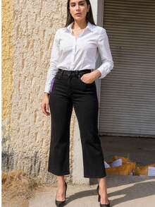 pantalon para dama wide leg, pierna ancha, recto, como stretch, calidad premium, moda, moderno - negro - Ver 1