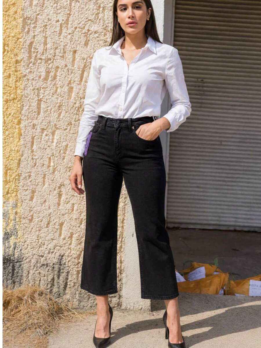 pantalon para dama wide leg, pierna ancha, recto, como stretch, calidad premium, moda, moderno - negro - Ver 1