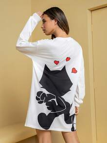 SHEIN Felix The Cat Áo ngủ nữ dáng rộng, tay dài, vai rớt, in hình chữ cái và trái tim hoạt hình dễ thương, thích hợp cho mùa xuân/thu. - trắng - Xem 2