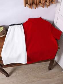 SHEIN Bộ 2 món đồ cho bé trai/thiếu niên: áo polo cổ đứng, khóa kéo nửa thân, màu trơn và quần short dệt kim. - Nhiều màu - Xem 5
