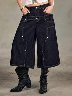 Grunge Punk Retro American Lumberjack Style Dual Waist Band Loose Fit Cropped Jeans Shorts For Women, Summer Street Wear