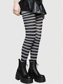 ROMWE Grunge Punk 1 Pair Gothic Style Black & White Striped Tights - Black grey - View 3